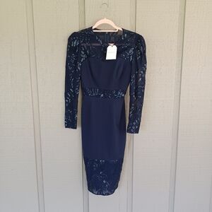 Dress the Population Sabine Sequin Dress Size XS Women Long Sleeve Party In Navy